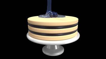 Cake with blueberry jam animation. 3D blueberry cake. Cake with liquid blue berry glaze drops. Sweet round cake. Transparent background with alpha channel video