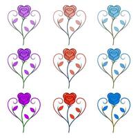 set of roses with leaves in heart shape vector