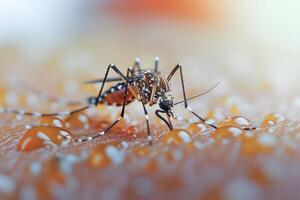 ai generado Aedes mosquito mordedura y alimentación sangre en humano piel ,ai generado foto