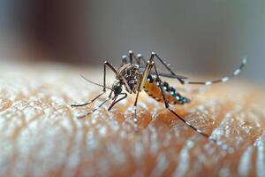 ai generado Aedes mosquito mordedura y alimentación sangre en humano piel ,ai generado foto