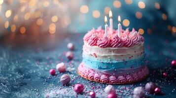 AI generated Pastel happy birthday cake against a blue background ,AI generated photo