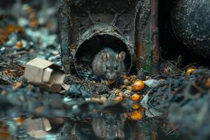 ai generado un rata comiendo comida en un inmundo basura compartimiento ,ai generado foto