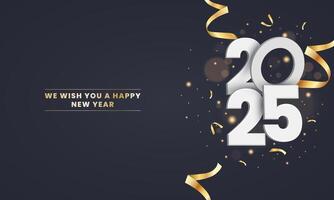 Happy new year 2025. White 3D numbers with gold Christmas decorations and confetti on a gray background. Holiday greeting card design. vector