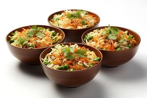 AI generated Bowls of noodles with carrot, celery and parsley. Four bowl of noodles photo