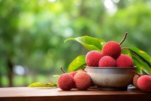 AI generated Fresh litchi fruits in a bowl photo