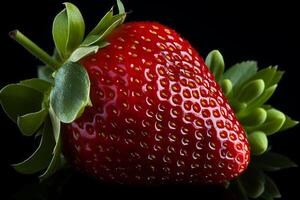 AI generated Strawberry with leaves. Isolated on black background. photo