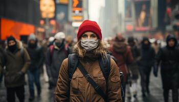 AI generated Young adult tourist walking in the city, wearing warm clothing generated by AI photo