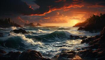 ai generado puesta de sol terminado el océano, olas estrellarse en rocoso línea costera generado por ai foto