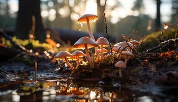 AI generated Autumn forest, close up of yellow toadstool, nature beauty generated by AI photo