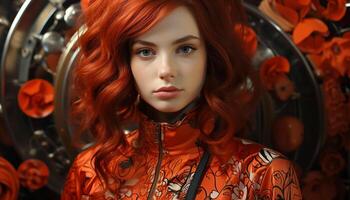 AI generated Beautiful redhead fashion model looking at camera with elegance generated by AI photo