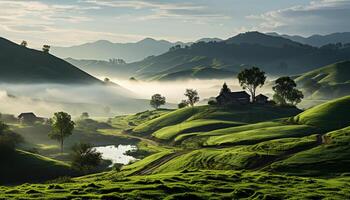 AI generated Tranquil sunrise over rice paddy, meadow, and mountain range generated by AI photo