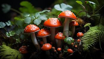 AI generated Freshness of autumn growth in uncultivated forest, fly agaric mushroom generated by AI photo