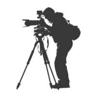 AI generated Silhouette cameraman or videographer in action black color only full body png