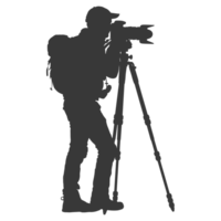 AI generated Silhouette cameraman or videographer in action black color only full body png