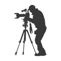 AI generated Silhouette cameraman or videographer in action black color only full body png