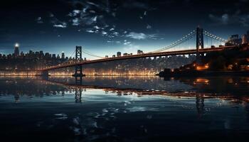ai generado iluminado ciudad horizonte refleja en agua, famoso suspensión puente generado por ai foto