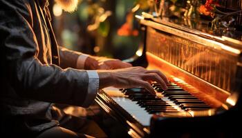 ai generado uno músico hábilmente jugando piano, cautivador el audiencia atención generado por ai foto