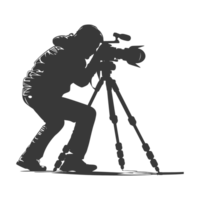 AI generated Silhouette cameraman or videographer in action black color only full body png