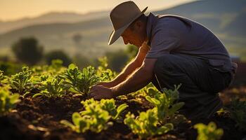 ai generado uno granjero trabajando al aire libre, plantando y cosecha en naturaleza generado por ai foto