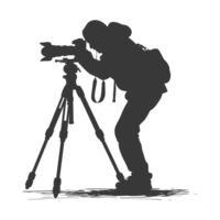 AI generated Silhouette cameraman or videographer in action black color only full body png