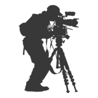 AI generated Silhouette cameraman or videographer in action black color only full body png