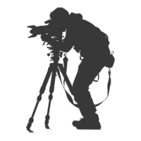 AI generated Silhouette cameraman or videographer in action black color only full body png