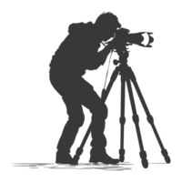 AI generated Silhouette cameraman or videographer in action black color only full body png