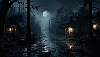 AI generated Spooky moonlight reveals dark horror in abandoned forest generated by AI photo