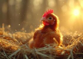 AI generated Cute little chicken sits in the hay on farm photo