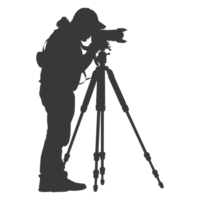 AI generated Silhouette cameraman or videographer in action black color only full body png