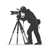 AI generated Silhouette cameraman or videographer in action black color only full body png