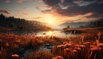 AI generated Tranquil sunset over mountain peak, reflecting in calm water generated by AI photo