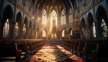 ai generado dentro el medieval gótico estilo catedral, el antiguo altar soportes, iluminado por manchado vaso ventanas generado por ai foto
