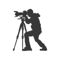 AI generated Silhouette cameraman or videographer in action black color only full body png