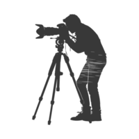 AI generated Silhouette cameraman or videographer in action black color only full body png