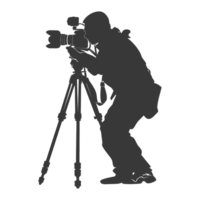 AI generated Silhouette cameraman or videographer in action black color only full body png