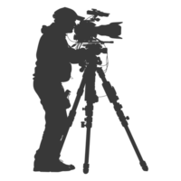 AI generated Silhouette cameraman or videographer in action black color only full body png