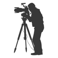 AI generated Silhouette cameraman or videographer in action black color only full body png