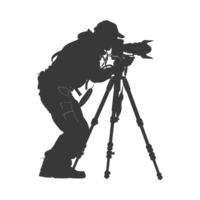 AI generated Silhouette cameraman or videographer in action black color only full body png