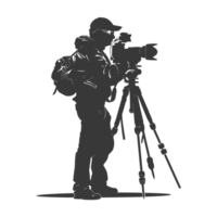 AI generated Silhouette cameraman or videographer in action black color only full body png