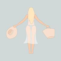 Woman in a swimsuit with a hat and a bag in her hand. vector