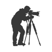 AI generated Silhouette cameraman or videographer in action black color only full body png