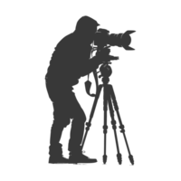 AI generated Silhouette cameraman or videographer in action black color only full body png