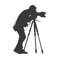 AI generated Silhouette cameraman or videographer in action black color only full body png