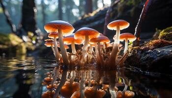 AI generated Freshness of autumn forest, close up of slimy toadstool growth generated by AI photo