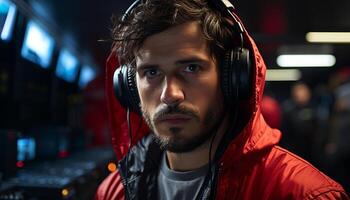 AI generated Young man in casual clothing, wearing headphones, listening to music generated by AI photo