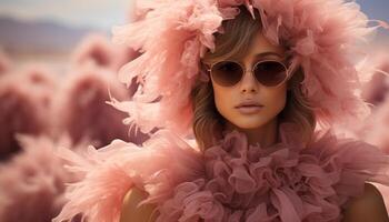 ai generado un lindo, sonriente mujer en Gafas de sol exuda elegancia y belleza generado por ai foto