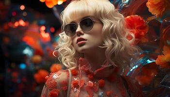 AI generated Beautiful blond woman in sunglasses, elegant dress, smiling at camera generated by AI photo