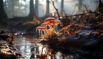 AI generated Autumn forest, close up of toadstool  nature colorful, poisonous beauty generated by AI photo