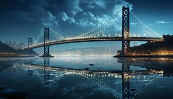 ai generado famoso puente ilumina ciudad horizonte, reflejando en agua a noche generado por ai foto